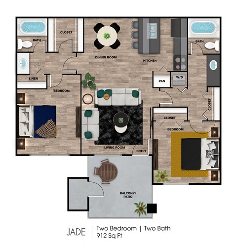 A floor plan of a two bedroom apartment with two bathrooms.